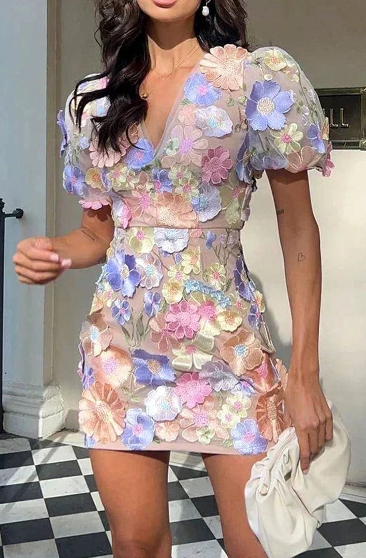 Women's Sheer Floral Mini Dress Puff Sleeve V-Neck Party