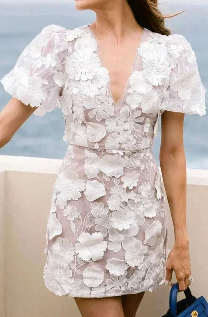 Women's Sheer Floral Mini Dress Puff Sleeve V-Neck Party