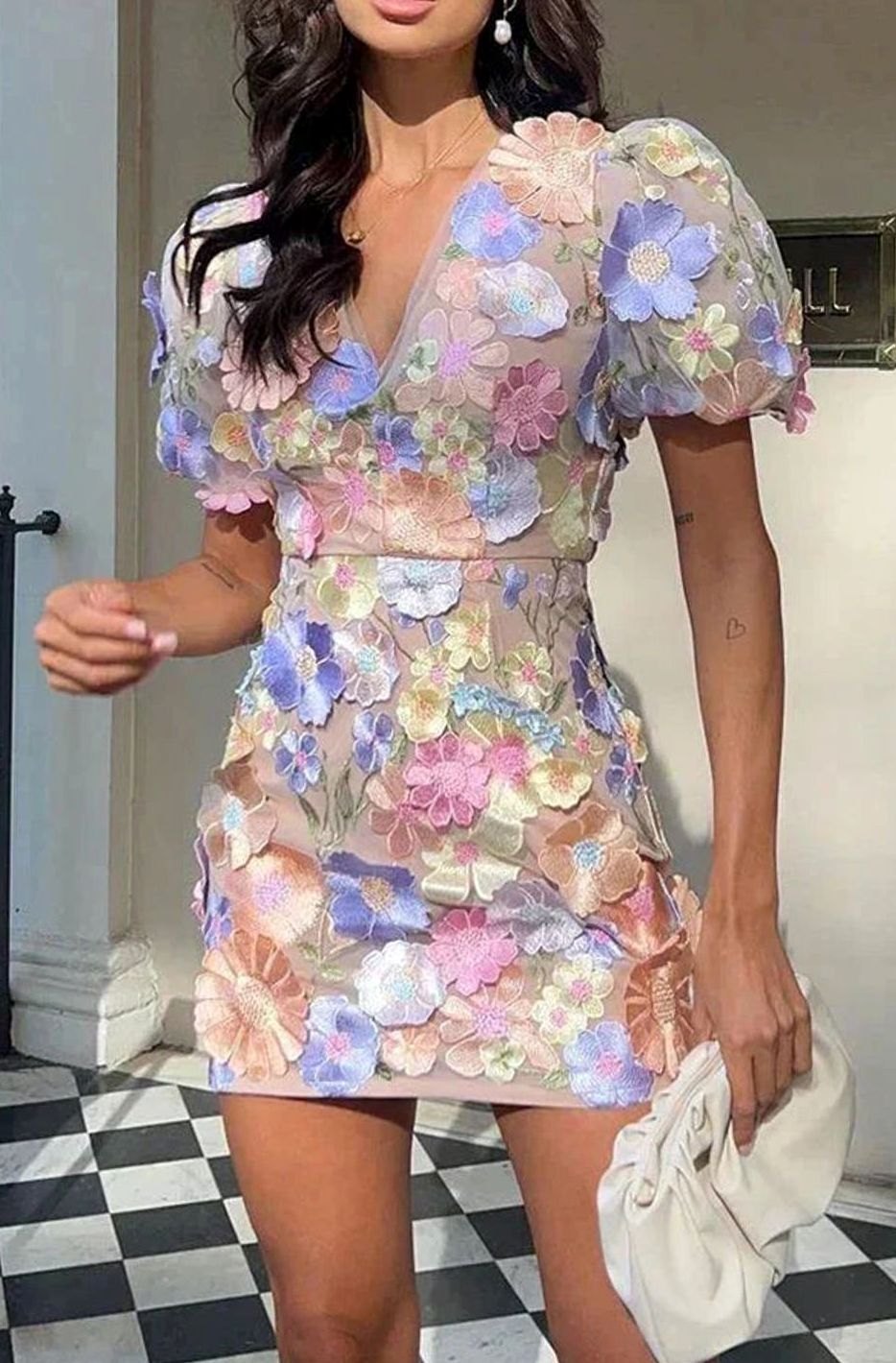 Women's Sheer Floral Mini Dress Puff Sleeve V-Neck Party - Pastel