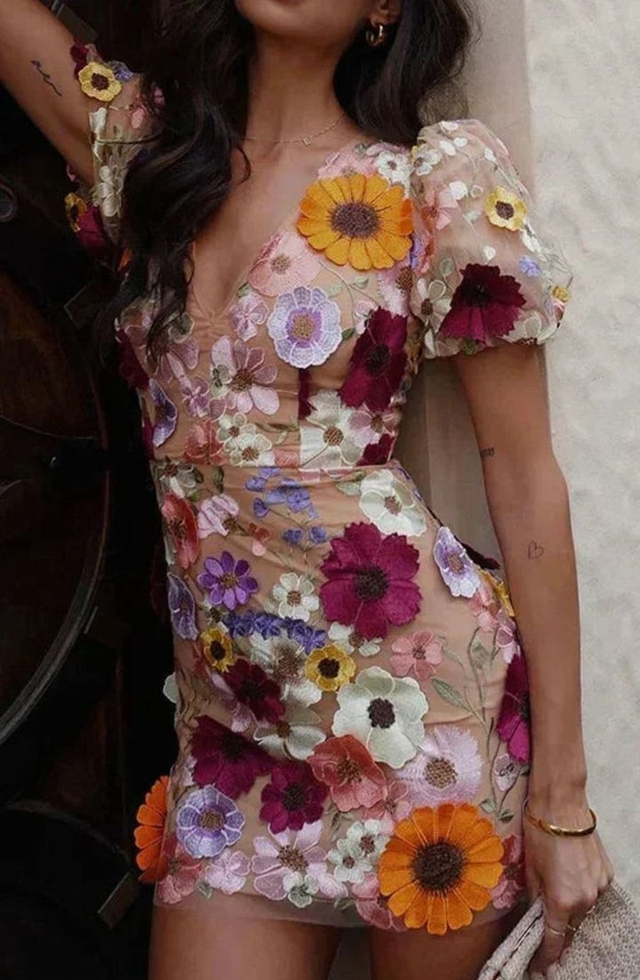 Women's Sheer Floral Mini Dress Puff Sleeve V-Neck Party - Multicolour