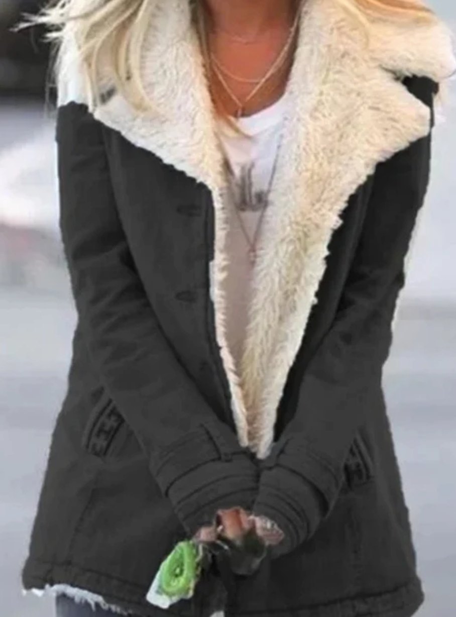 Women's Sherpa-Collar Button-Front Mid-Length Coat - Black