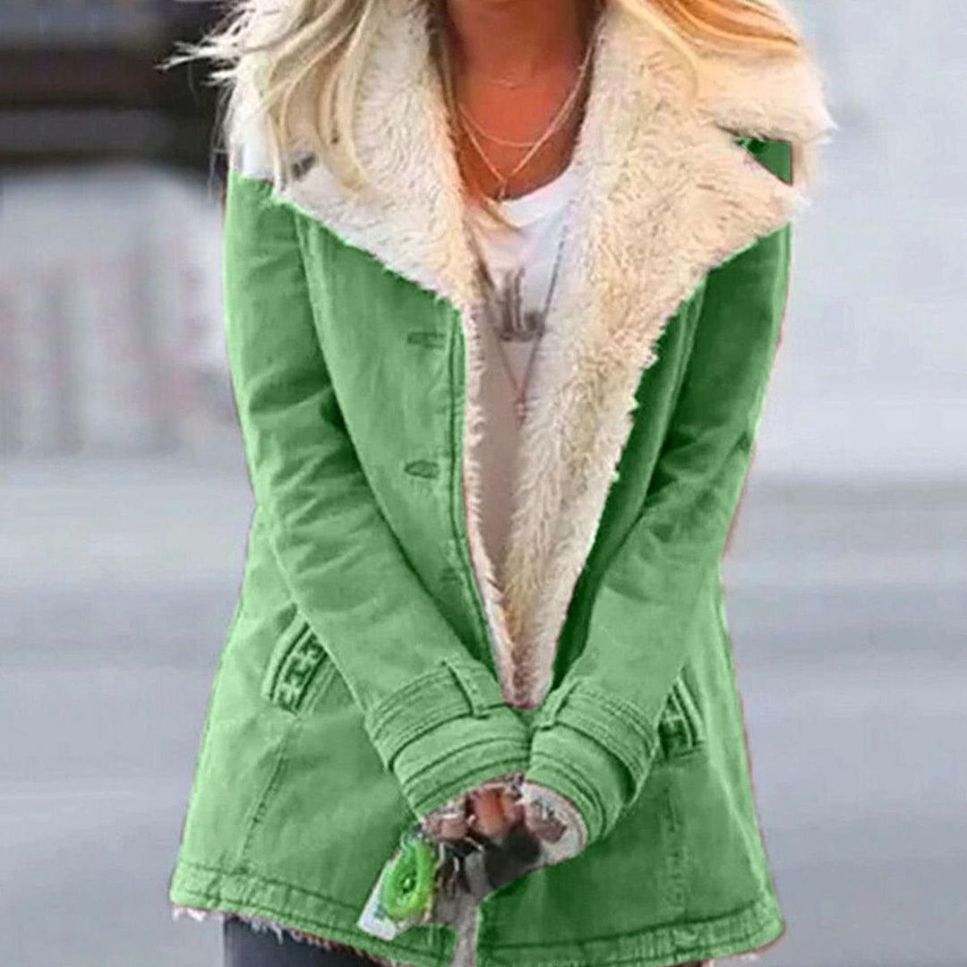 Women's Sherpa-Collar Button-Front Mid-Length Coat - Green