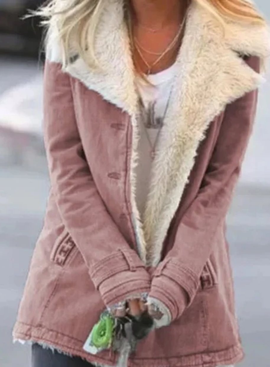 Women's Sherpa-Collar Button-Front Mid-Length Coat - Pink