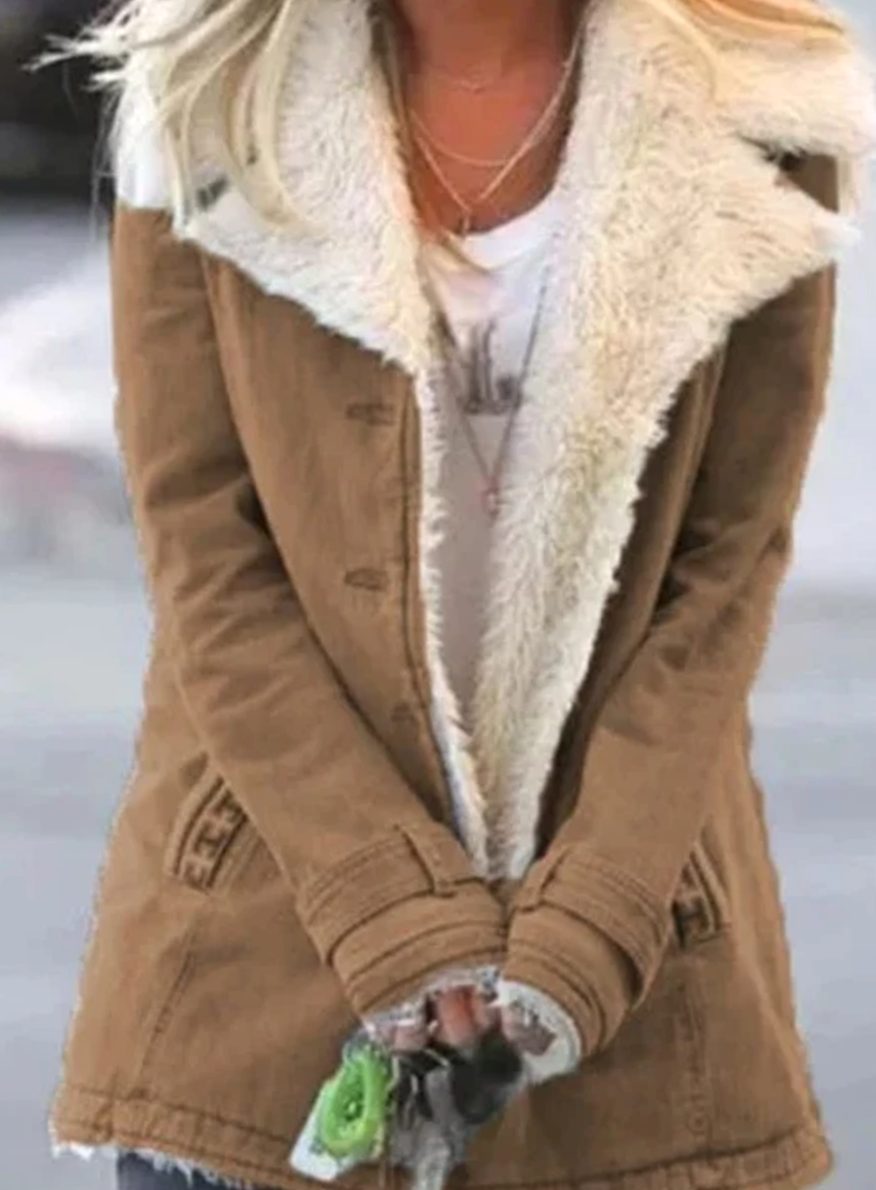 Women's Sherpa-Collar Button-Front Mid-Length Coat - Khaki