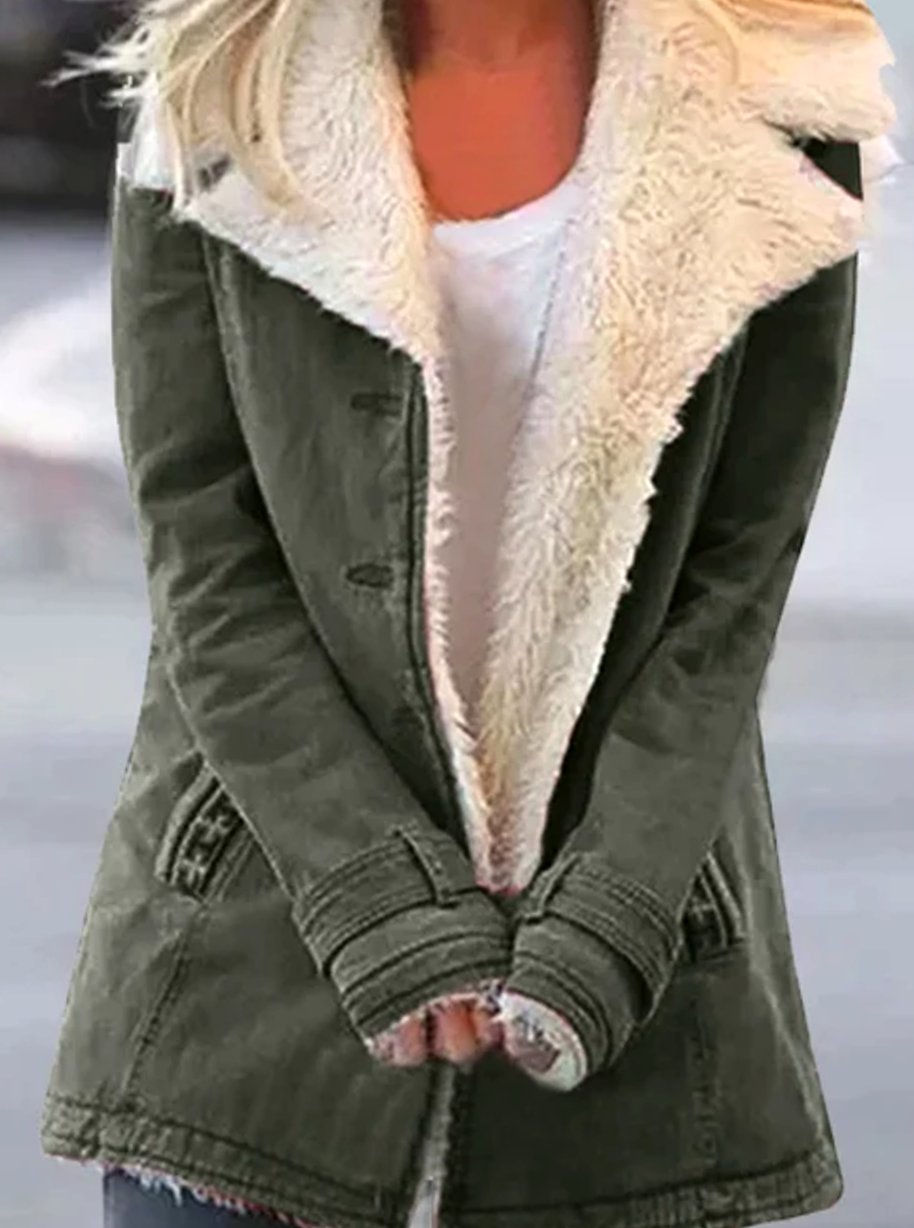 Women's Sherpa-Collar Button-Front Mid-Length Coat - Army Green