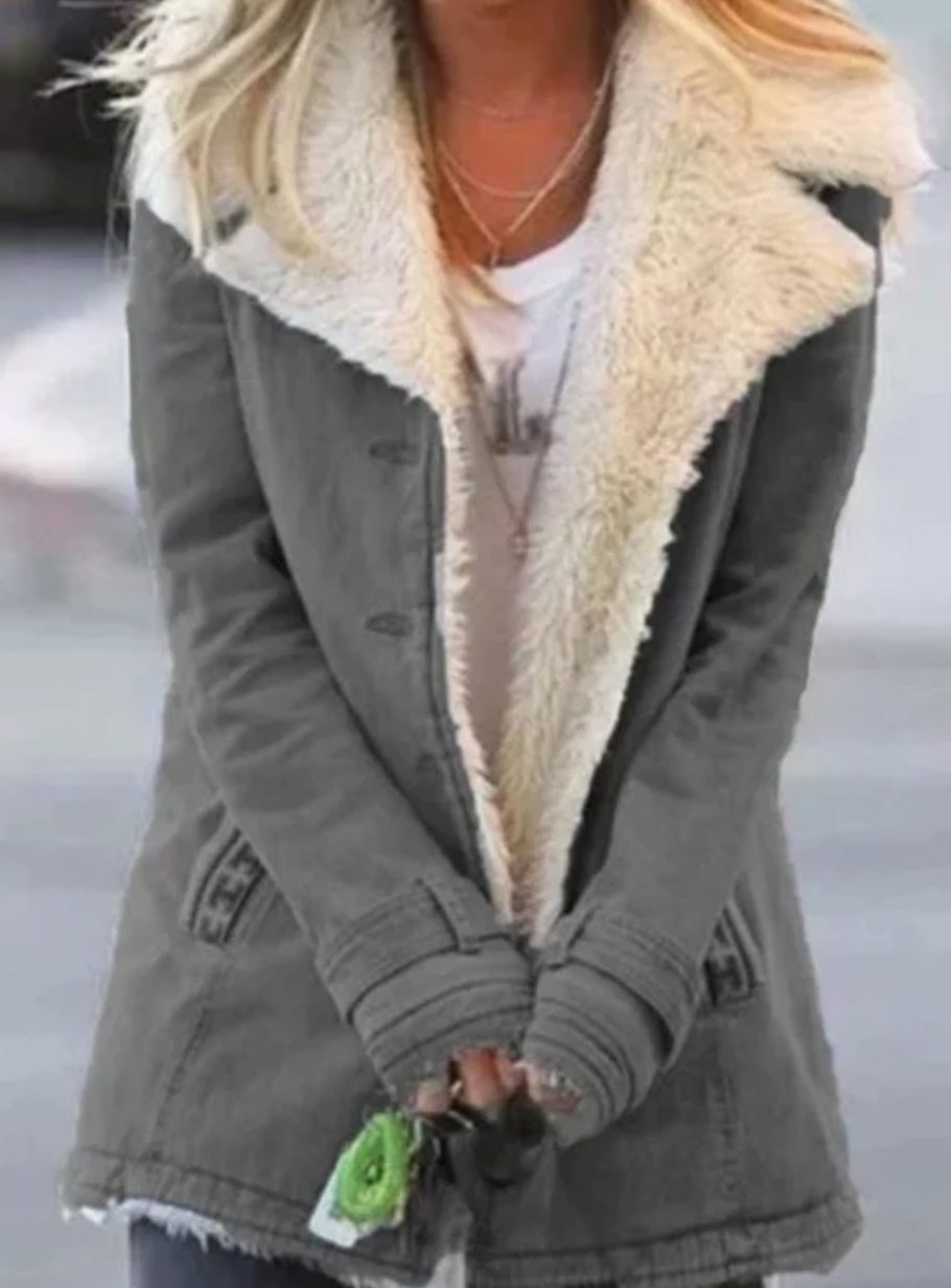 Women's Sherpa-Collar Button-Front Mid-Length Coat - Grey