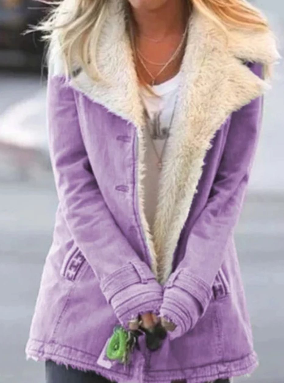 Women's Sherpa-Collar Button-Front Mid-Length Coat - Purple