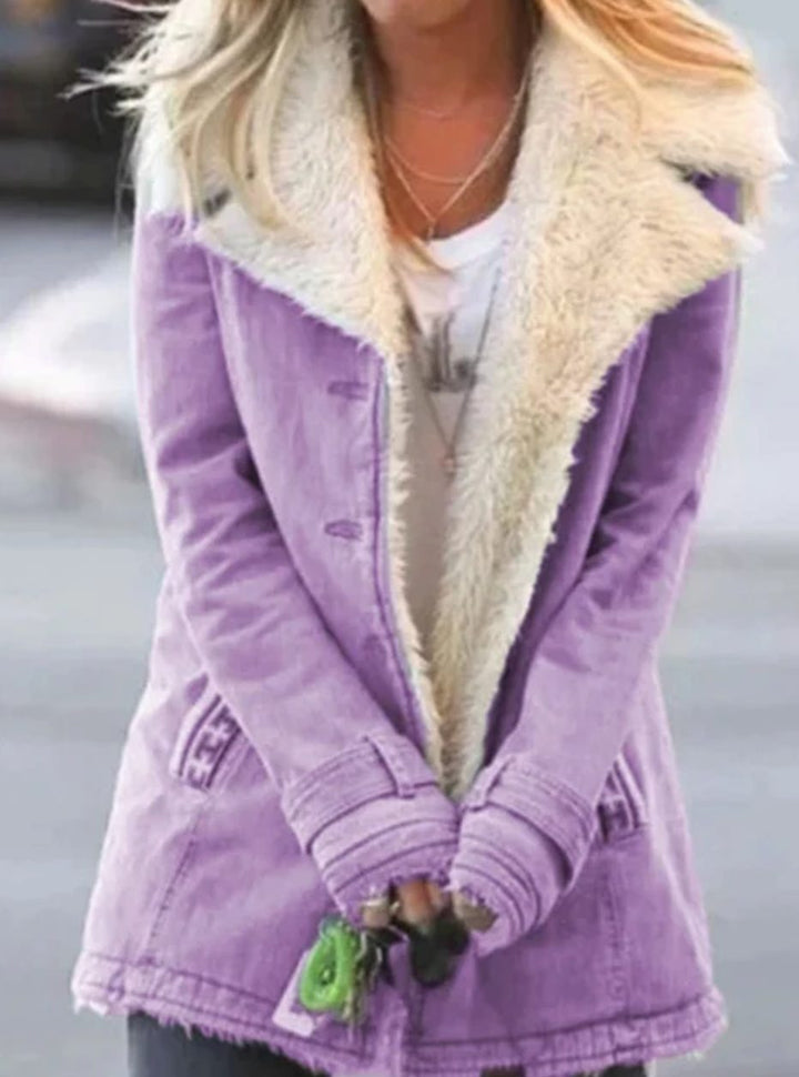 Women's Sherpa-Collar Button-Front Mid-Length Coat - Purple