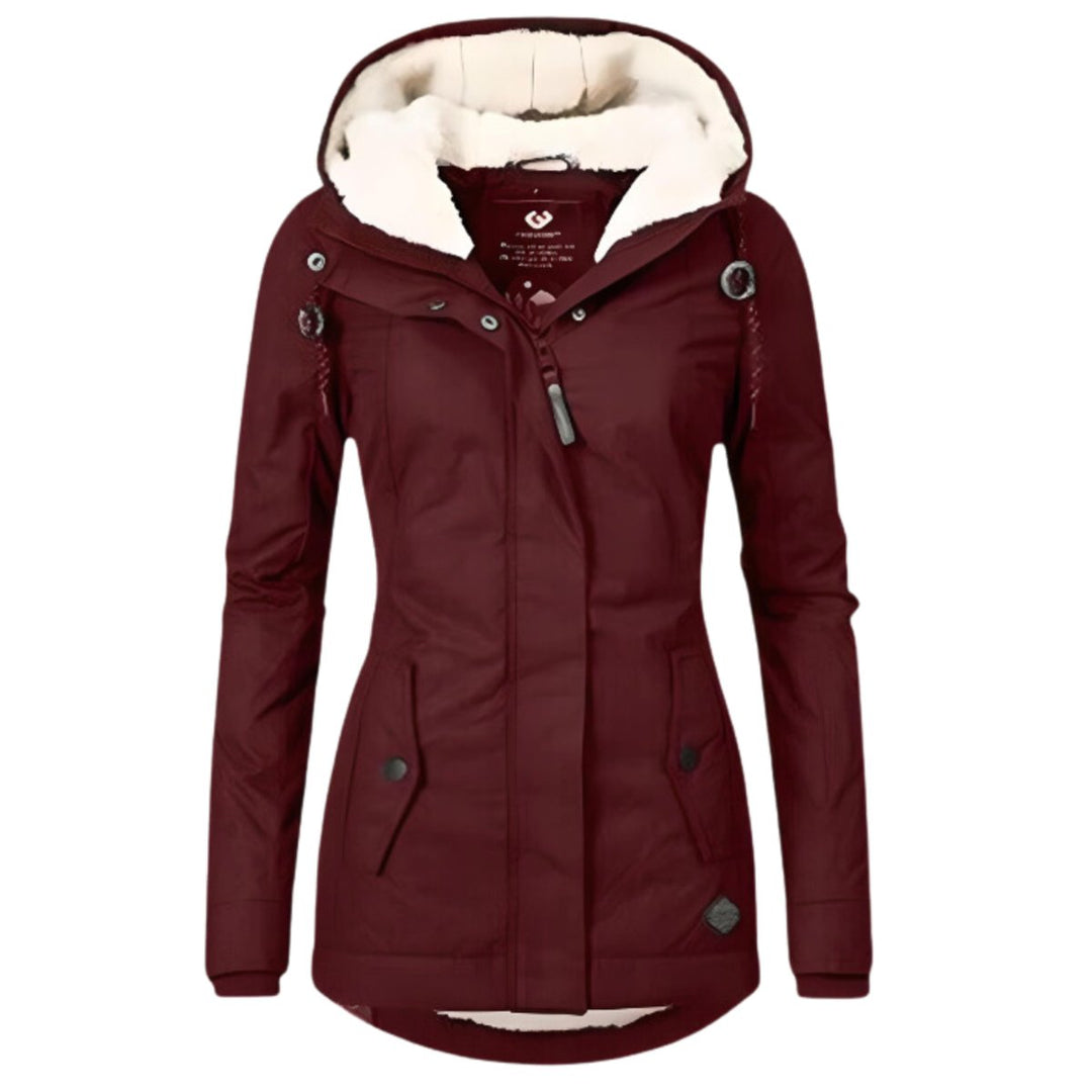 Women's Sherpa-Lined Hooded Parka Winter Coat Slim Fit - Burgundy