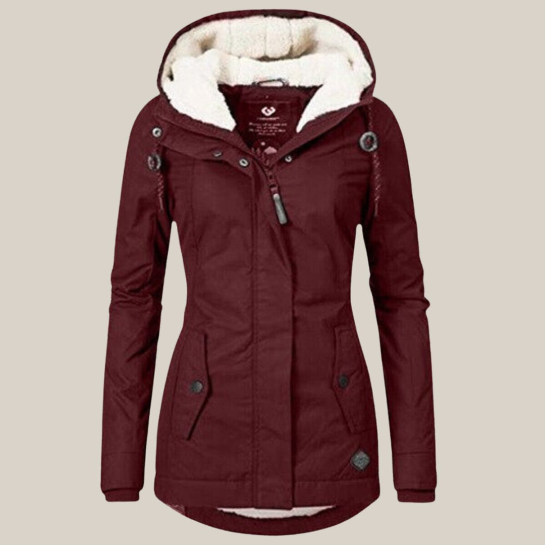 Women's Sherpa-Lined Hooded Quilted Jacket Windproof Parka - Red