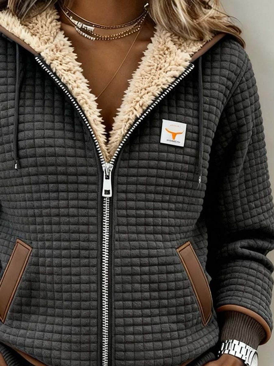 Women's Sherpa-Lined Quilted Jacket Fleece Zip-Up Hoodie