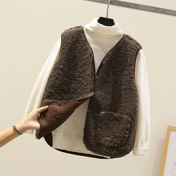 Women's Sherpa Puffer Vest Button-Front Fleece Gilet - Brown