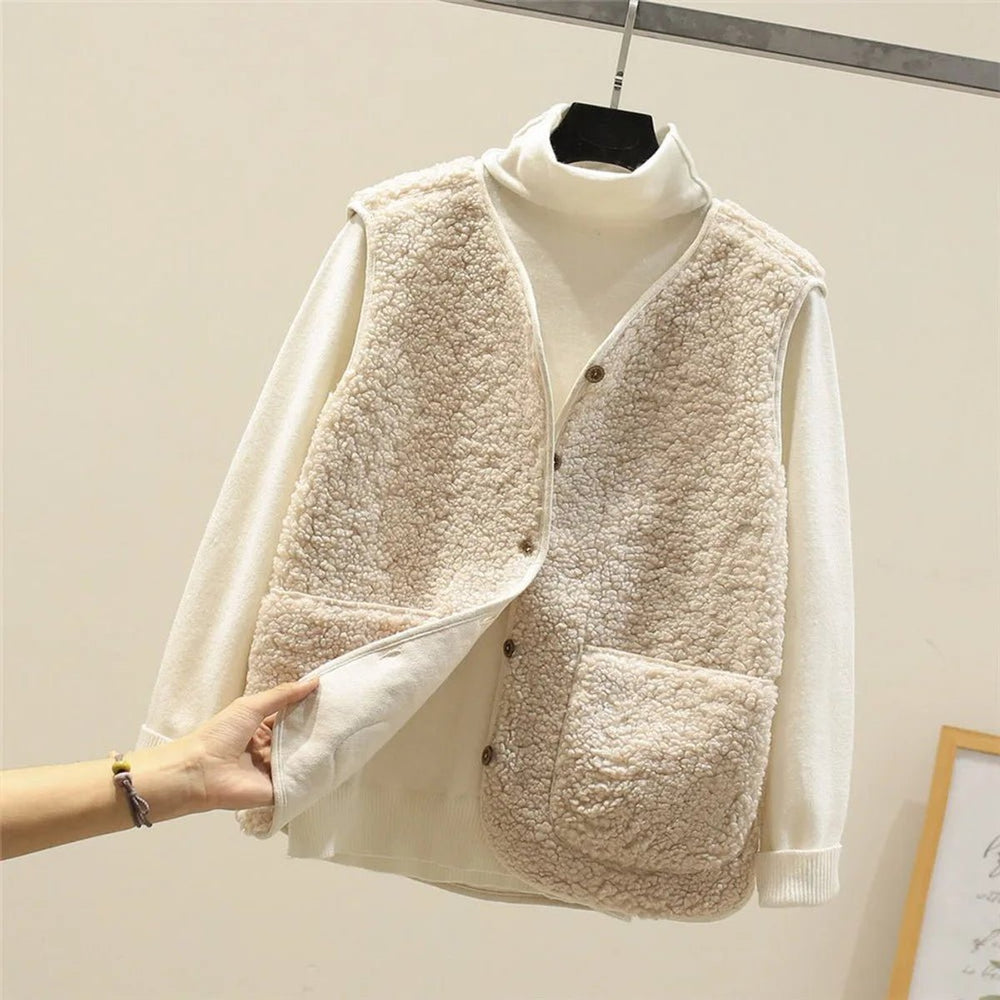 Women's Sherpa Puffer Vest Button-Front Fleece Gilet - Beige