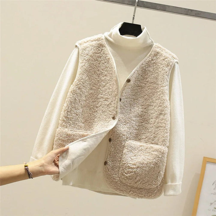 Women's Sherpa Puffer Vest Button-Front Fleece Gilet - Beige