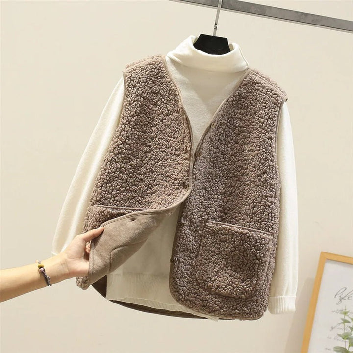 Women's Sherpa Puffer Vest Button-Front Fleece Gilet - Khaki