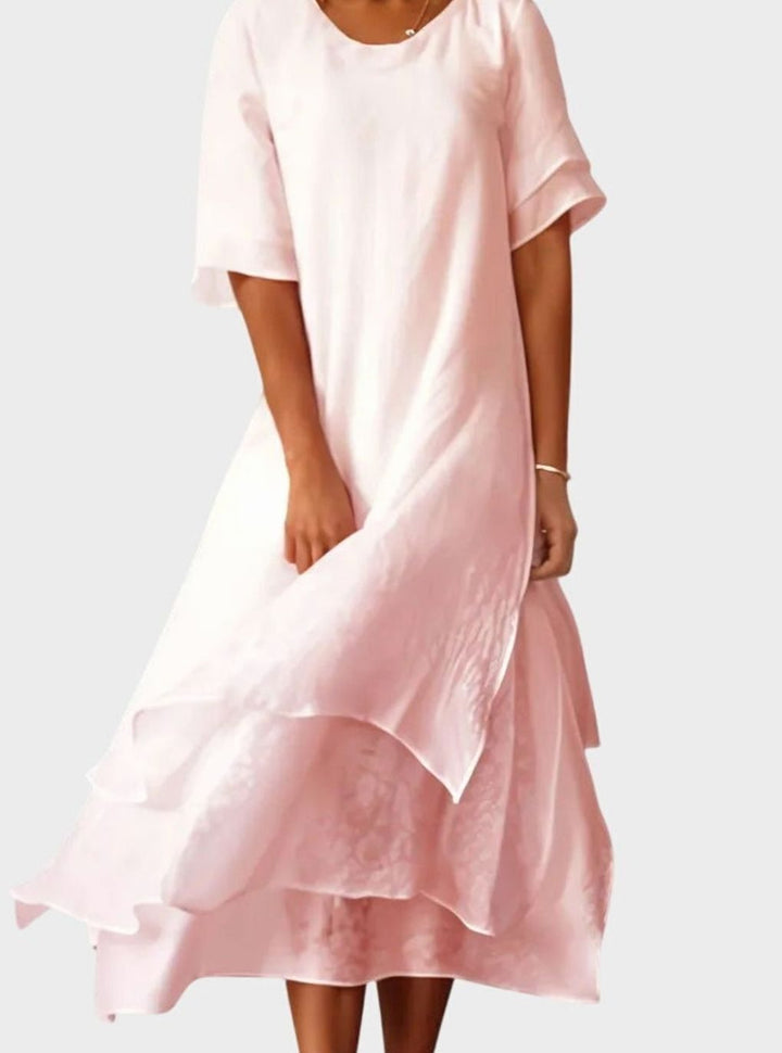 Women's Short Sleeve Layered Midi Long Dress Relaxed Fit - Pink