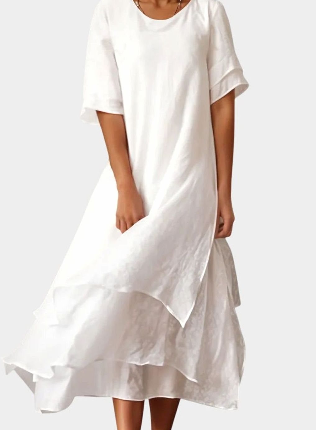 Women's Short Sleeve Layered Midi Long Dress Relaxed Fit - White
