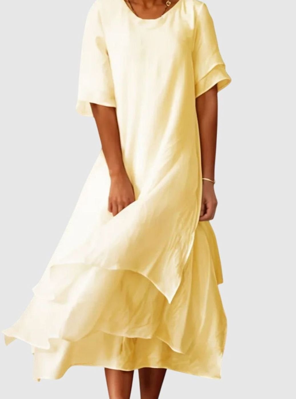 Women's Short Sleeve Layered Midi Long Dress Relaxed Fit - Yellow