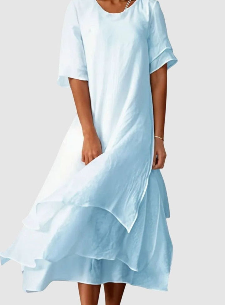 Women's Short Sleeve Layered Midi Long Dress Relaxed Fit - Blue