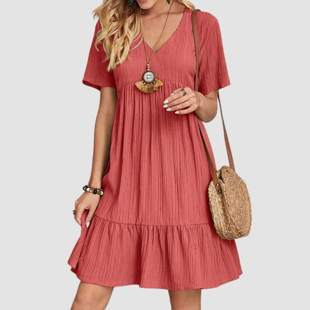 Women's Short Sleeve V-Neck Tiered Babydoll Midi Dress - Red