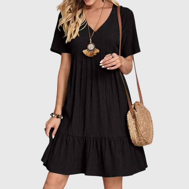 Women's Short Sleeve V-Neck Tiered Babydoll Midi Dress - Black