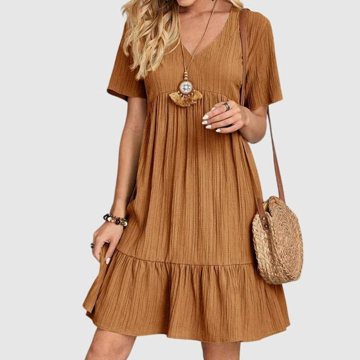 Women's Short Sleeve V-Neck Tiered Babydoll Midi Dress - Khaki