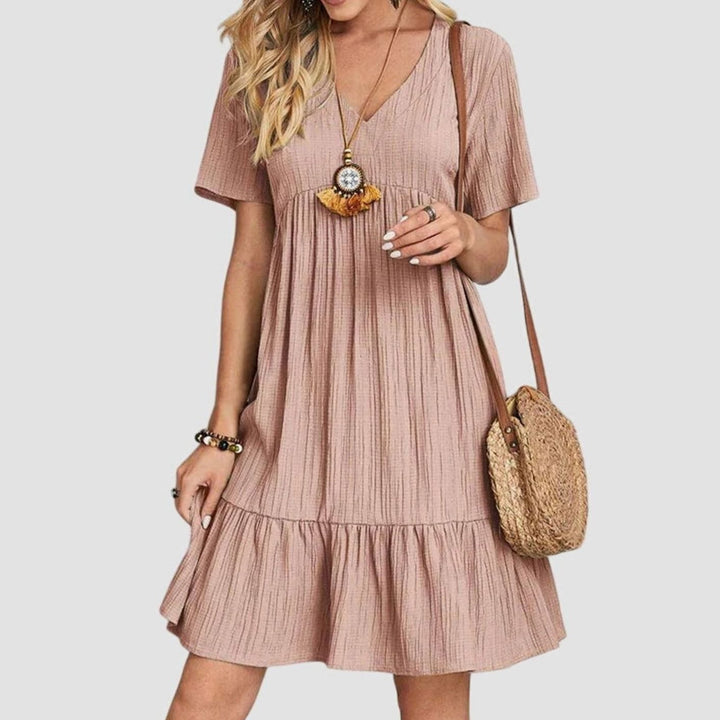 Women's Short Sleeve V-Neck Tiered Babydoll Midi Dress - Pink