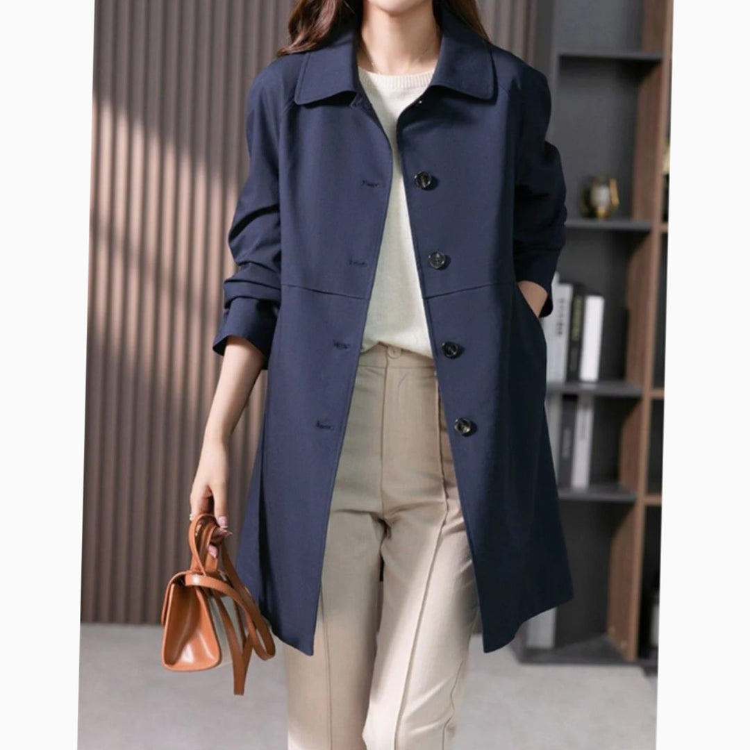 Women's Single-Breasted Tailored Mid-Length Trench Coat Jacket - Dark Blue