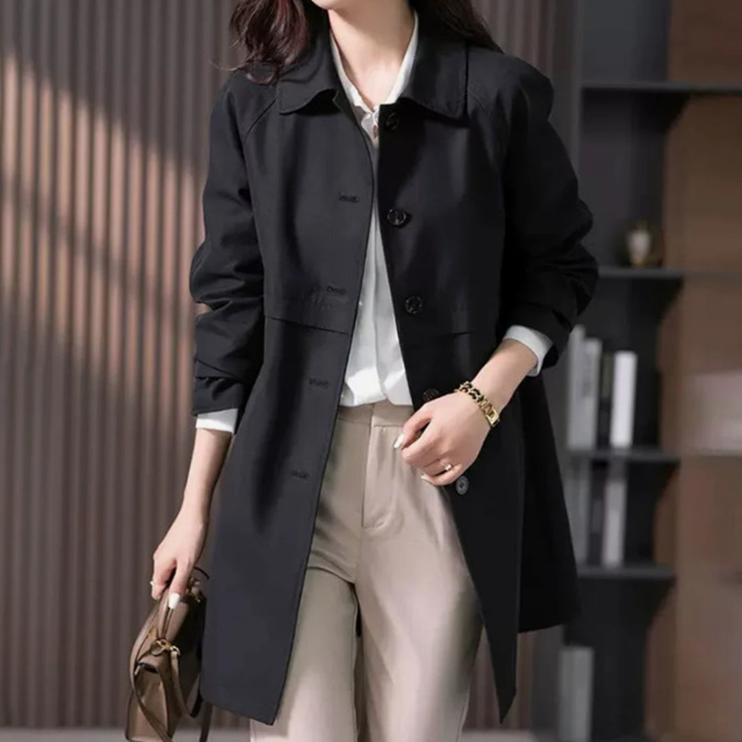 Women's Single-Breasted Tailored Mid-Length Trench Coat Jacket - Black