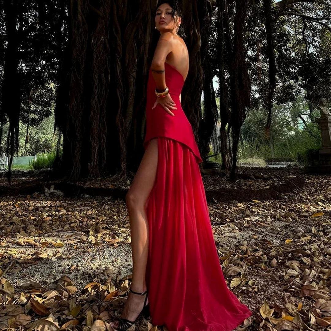 Women's Sleeveless Asymmetric Bustier Wedding Guest Maxi Dress