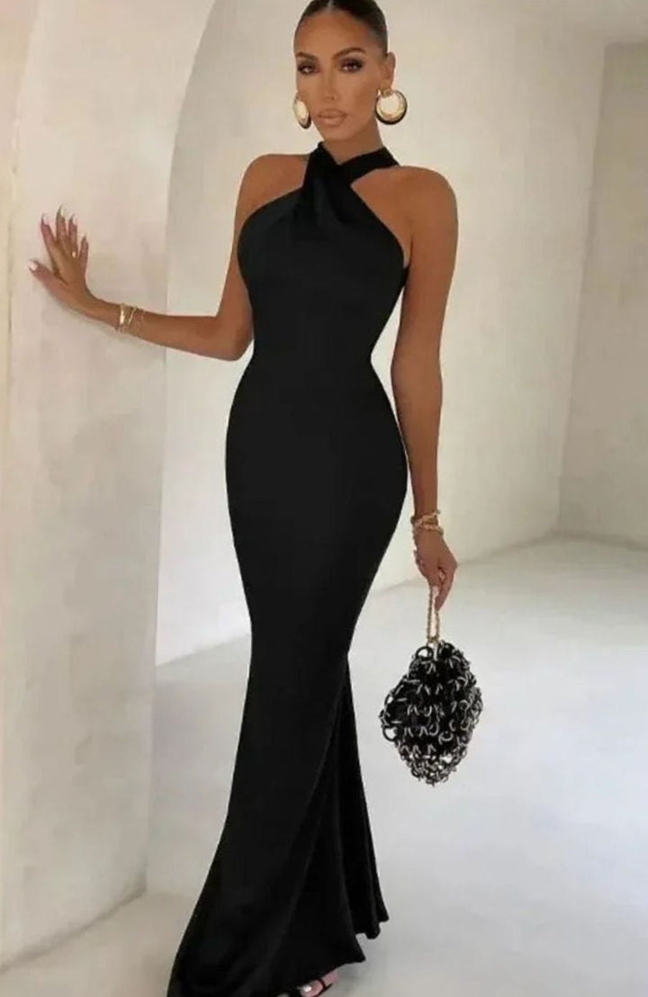 Women's Sleeveless Crossover Halter Fitted Maxi Dress - Black