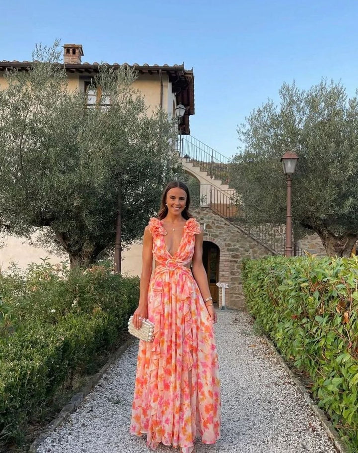 Women's Sleeveless Floral Print Deep-V Maxi Dress - Orange