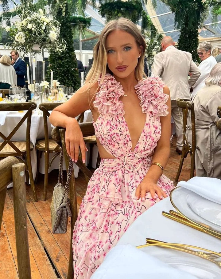Women's Sleeveless Floral Print Deep-V Maxi Dress