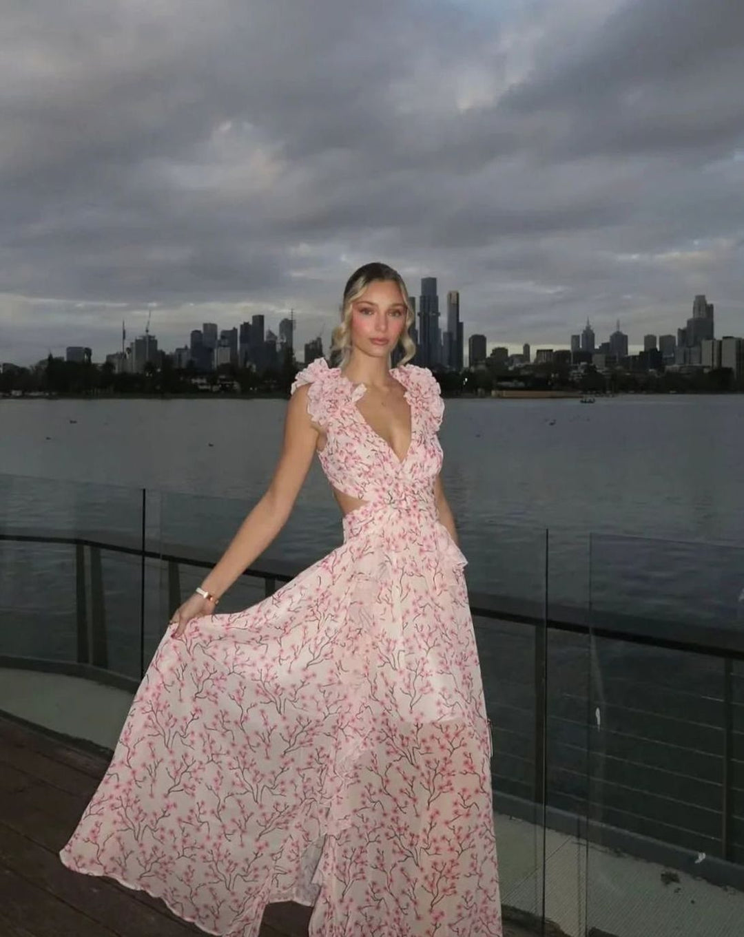 Women's Sleeveless Floral Print Deep-V Maxi Dress