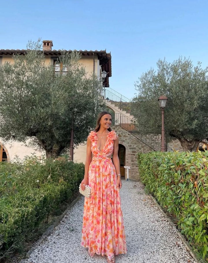 Women's Sleeveless Floral Print Deep-V Maxi Dress