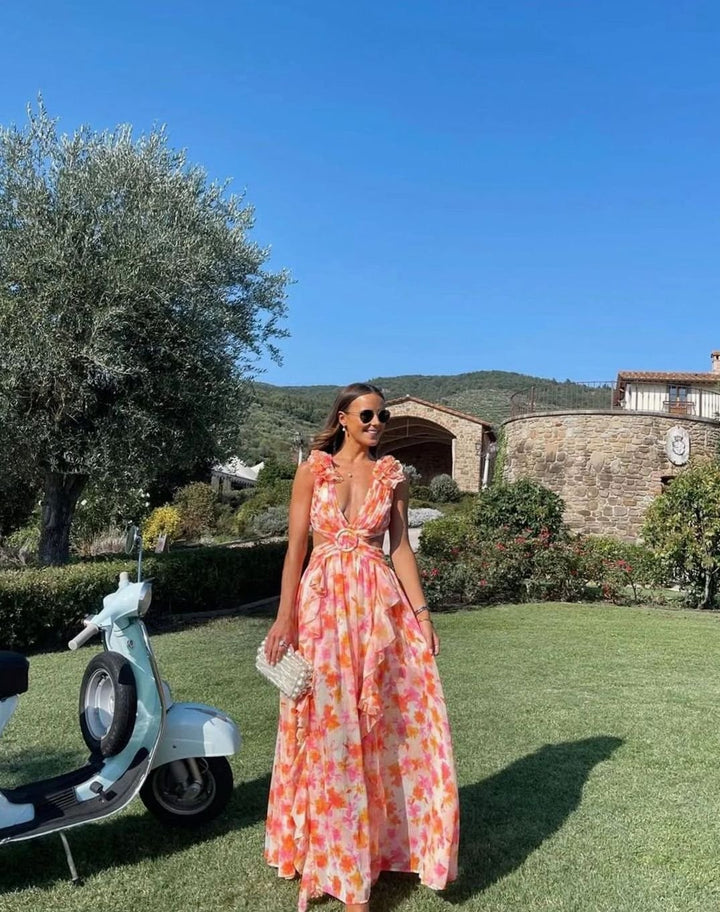 Women's Sleeveless Floral Print Deep-V Maxi Dress