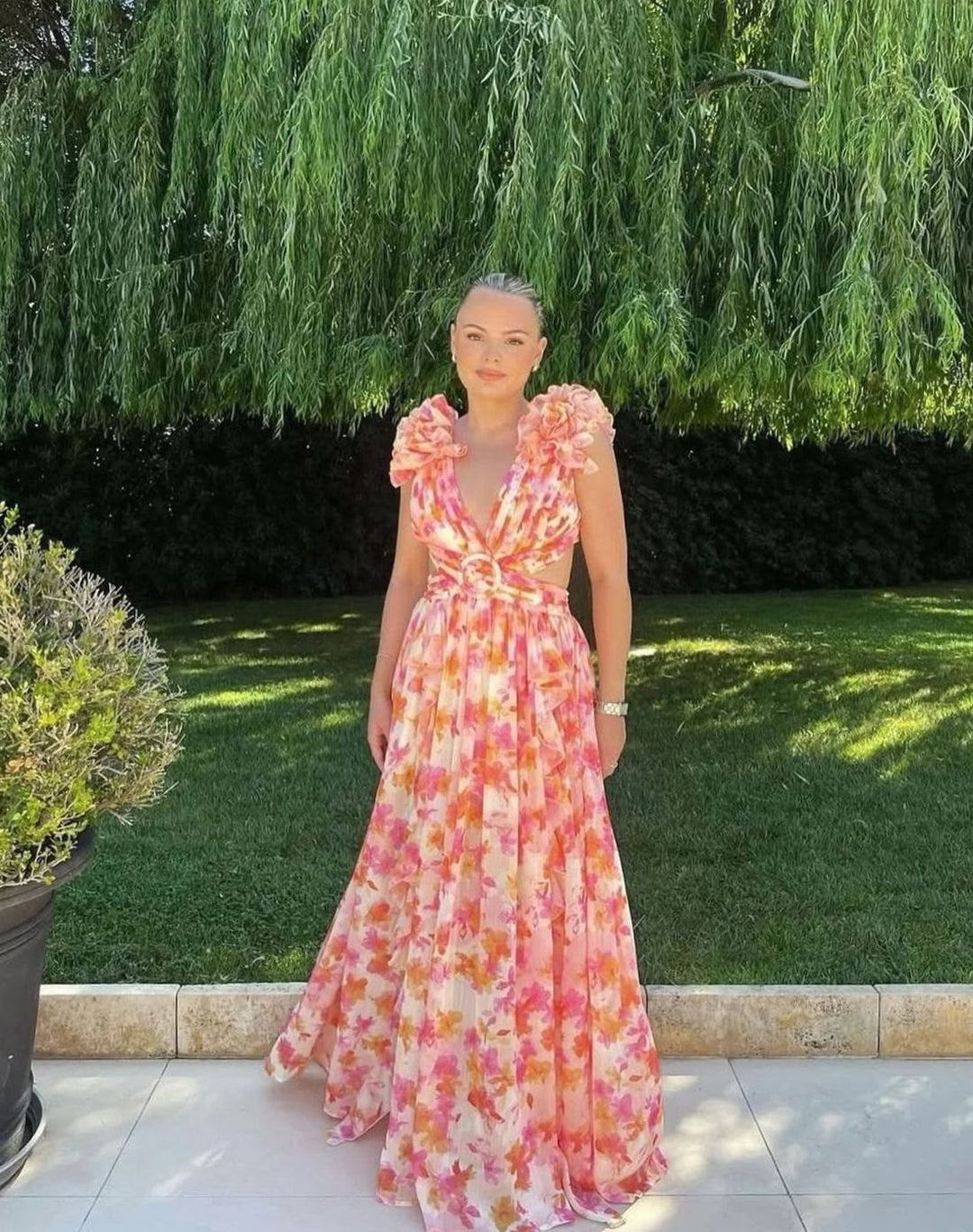 Women's Sleeveless Floral Print Deep-V Maxi Dress