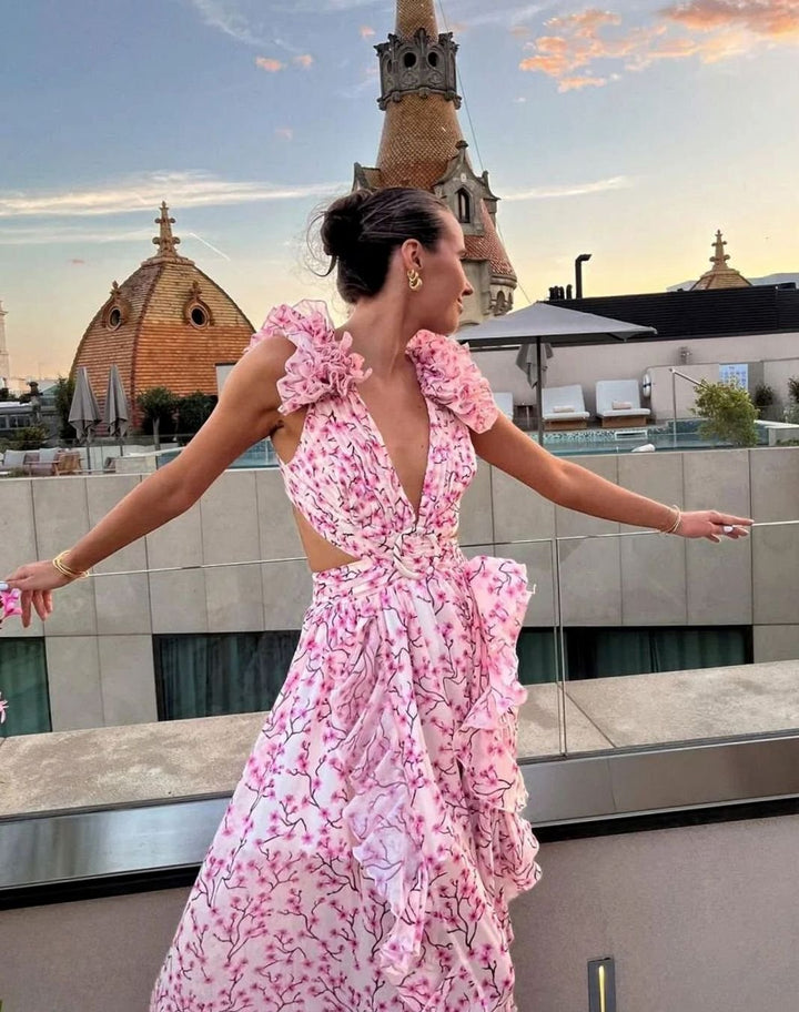Women's Sleeveless Floral Print Deep-V Maxi Dress