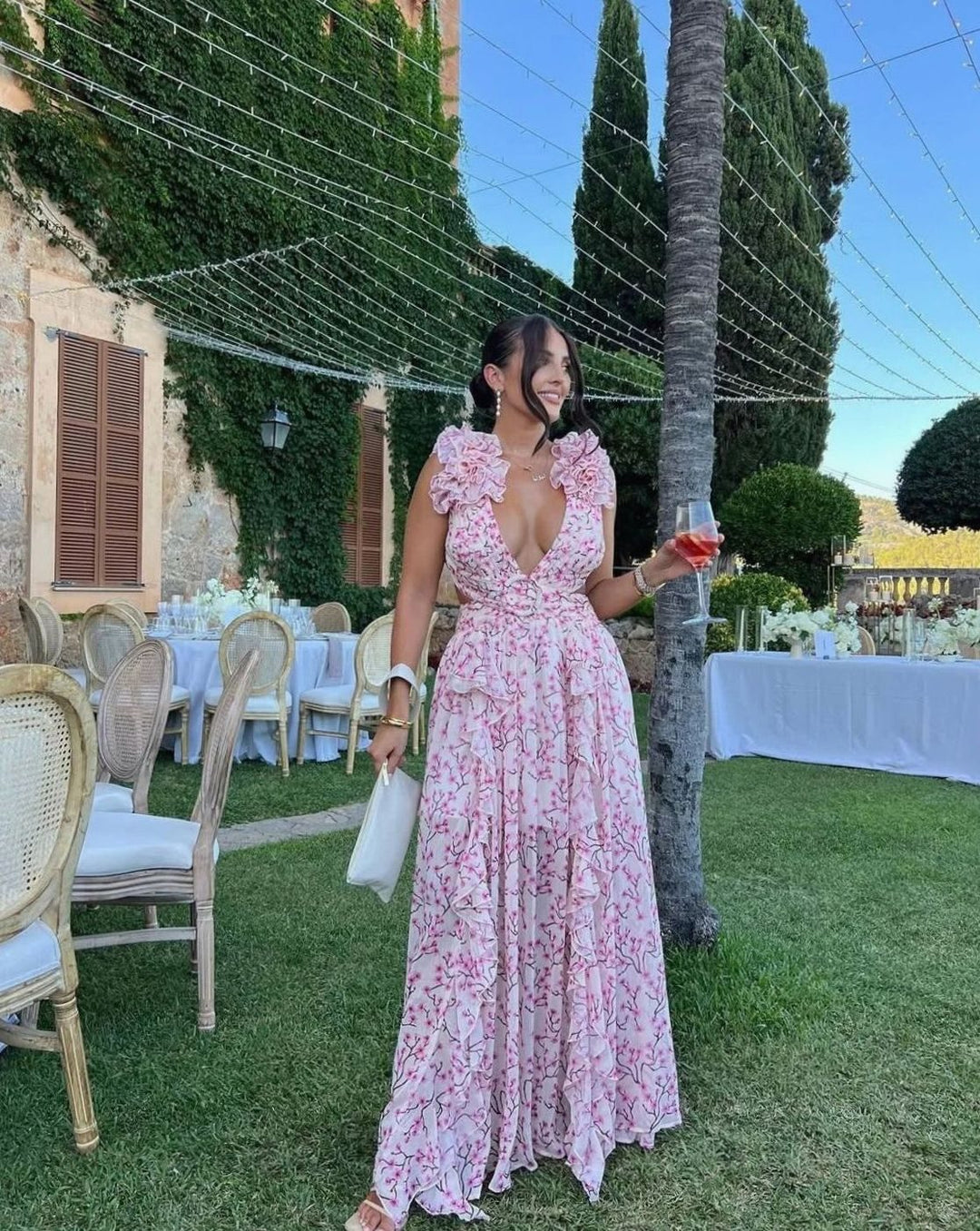 Women's Sleeveless Floral Print Deep-V Maxi Dress