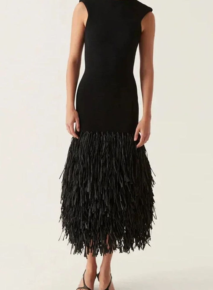 Women's Sleeveless Fringe-Hem Fitted Midi Dress