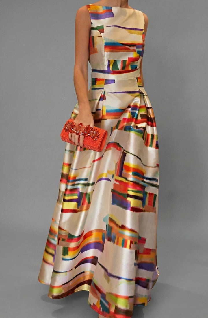 Women's Sleeveless Multicolour Print Formal Maxi Dress - Multicolour