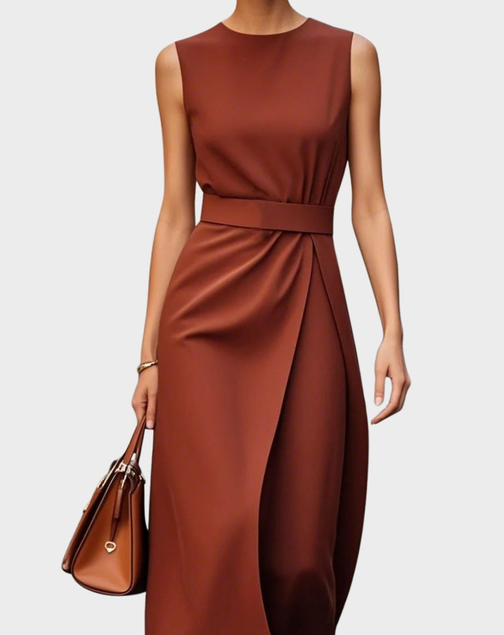 Women's Sleeveless Pleated Waist Midi Sheath Long Sleeve Dress - Dark Brown