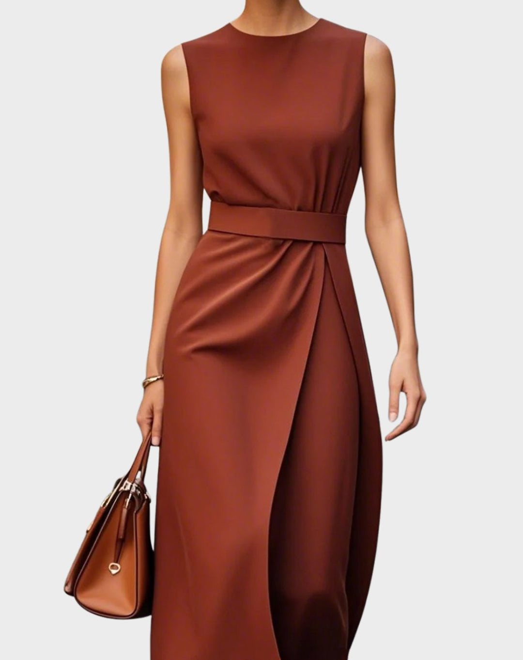 Women's Sleeveless Pleated Waist Midi Sheath Long Sleeve Dress - Dark Brown