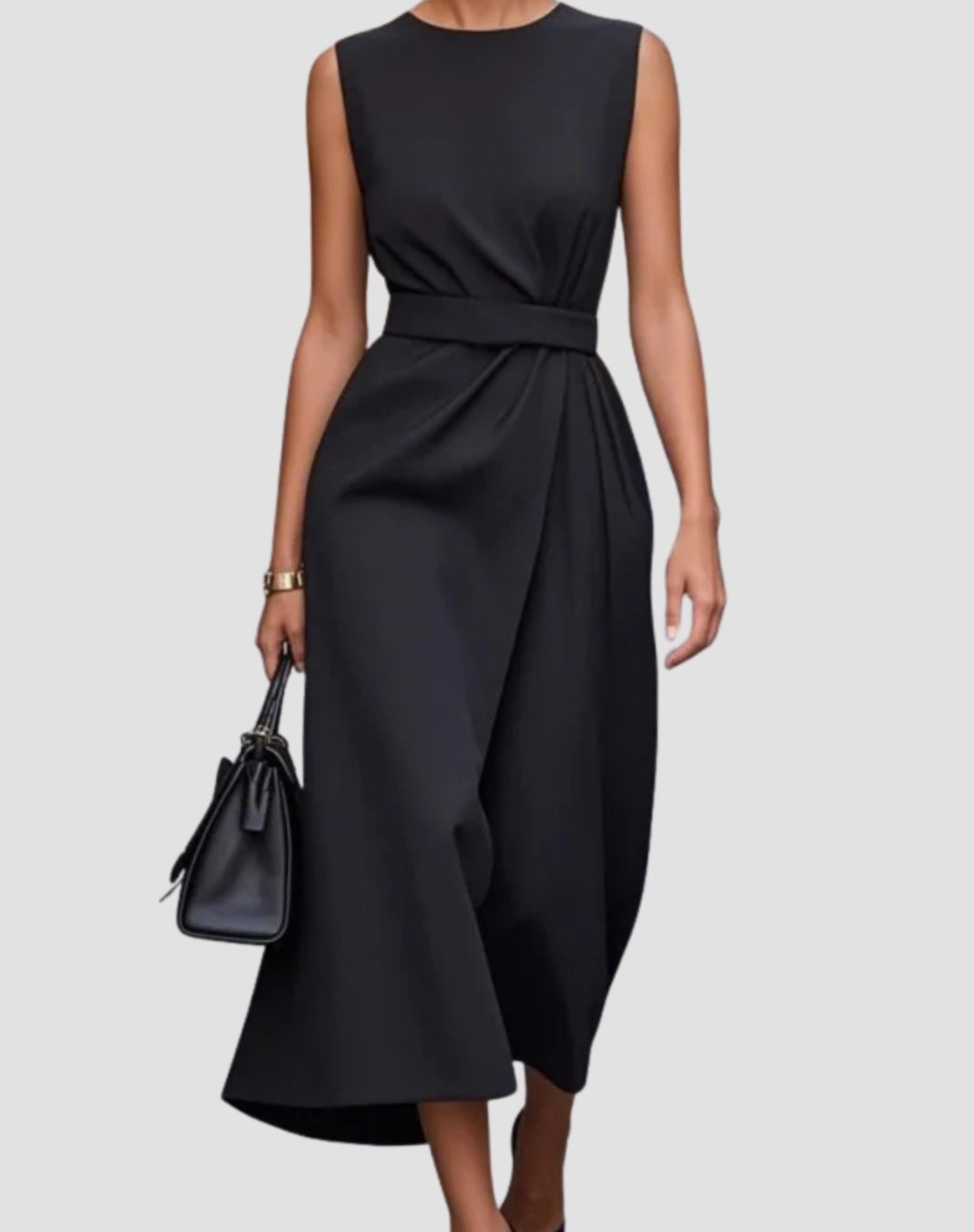 Women's Sleeveless Pleated Waist Midi Sheath Long Sleeve Dress - Black