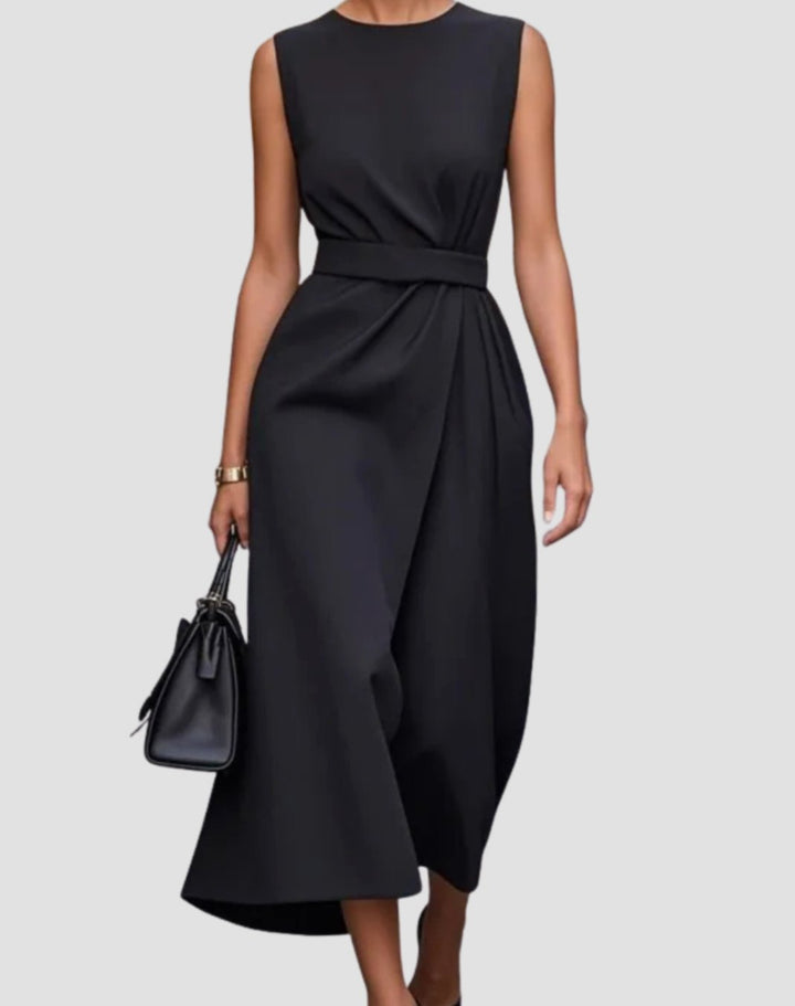 Women's Sleeveless Pleated Waist Midi Sheath Long Sleeve Dress - Black