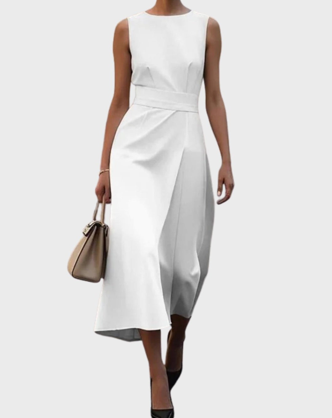 Women's Sleeveless Pleated Waist Midi Sheath Long Sleeve Dress - White
