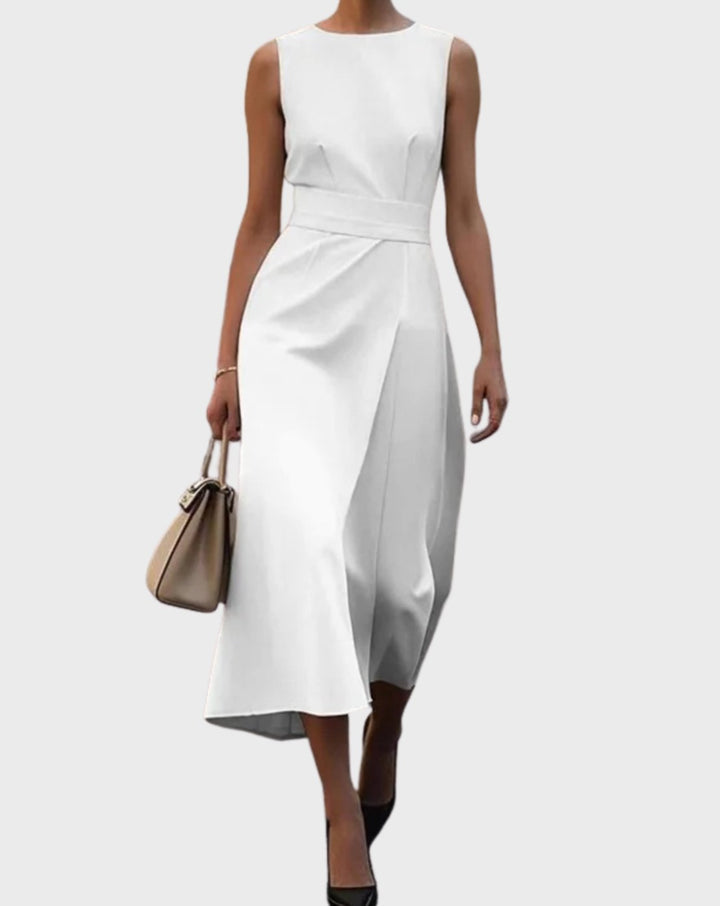 Women's Sleeveless Pleated Waist Midi Sheath Long Sleeve Dress - White