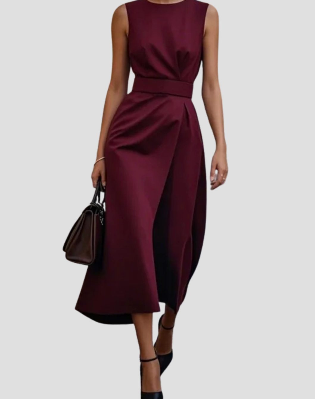 Women's Sleeveless Pleated Waist Midi Sheath Long Sleeve Dress - Fuchsia