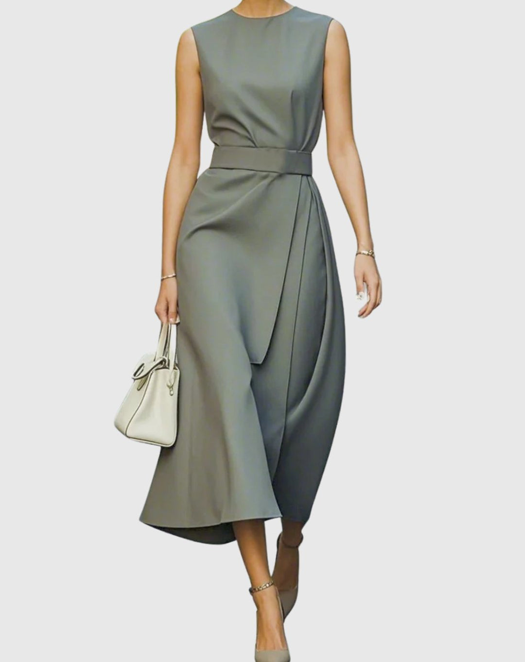 Women's Sleeveless Pleated Waist Midi Sheath Long Sleeve Dress - Gray