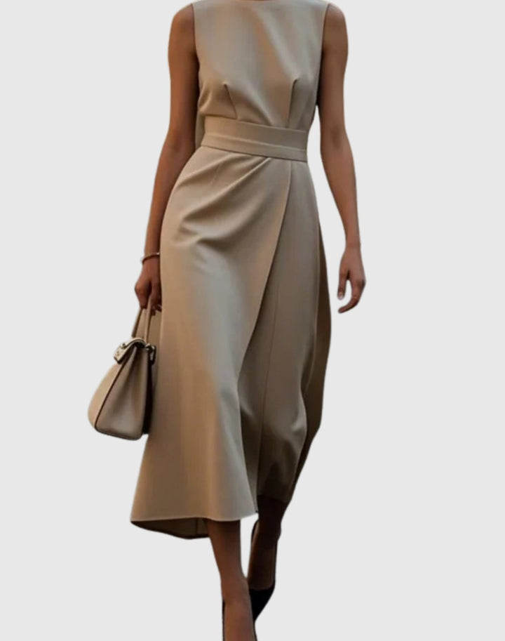 Women's Sleeveless Pleated Waist Midi Sheath Long Sleeve Dress - Khaki